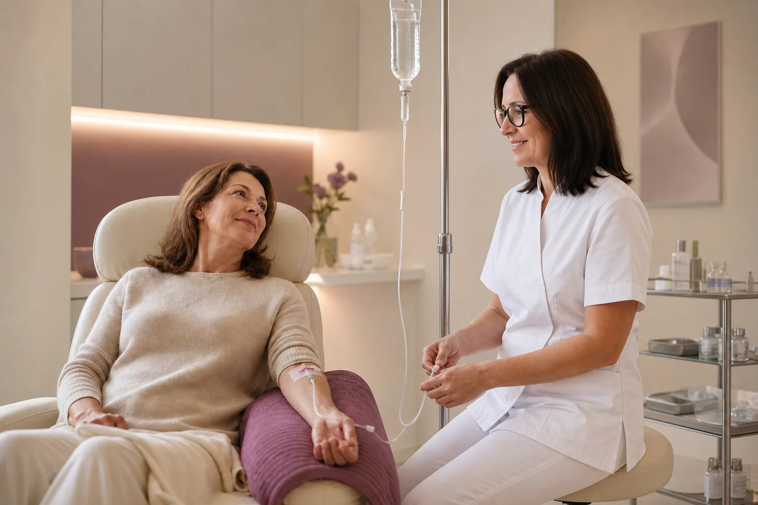 Carmen Huber betreut eine Patientin während einer Infusionstherapie in Baden-Baden