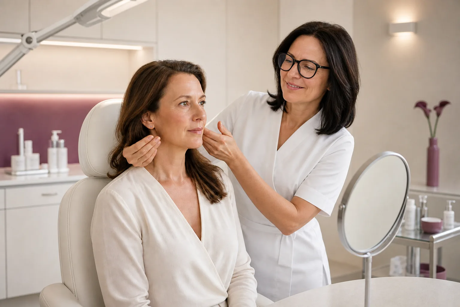 Carmen Huber beurteilt Gesichtsproportionen bei einer Liquid-Lifting-Beratung in Baden-Baden